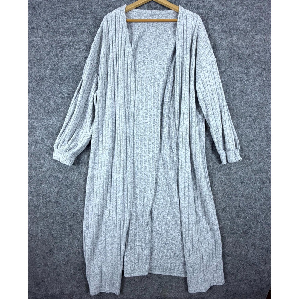 Curvzy Duster Cardigan Sweater Womens 22 Heather Gray Ribbed Knit Open Front